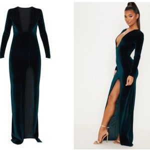 emerald green velvet plunge split leg maxi dress